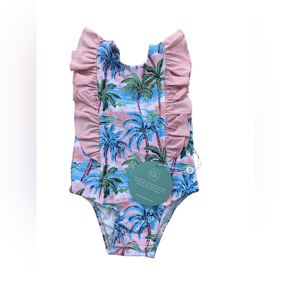 Caden Lane Other - Caden Lane NWT Size 6-12 Months Ocean Pearl Ruffle Palm Tree One Piece Swimsuit